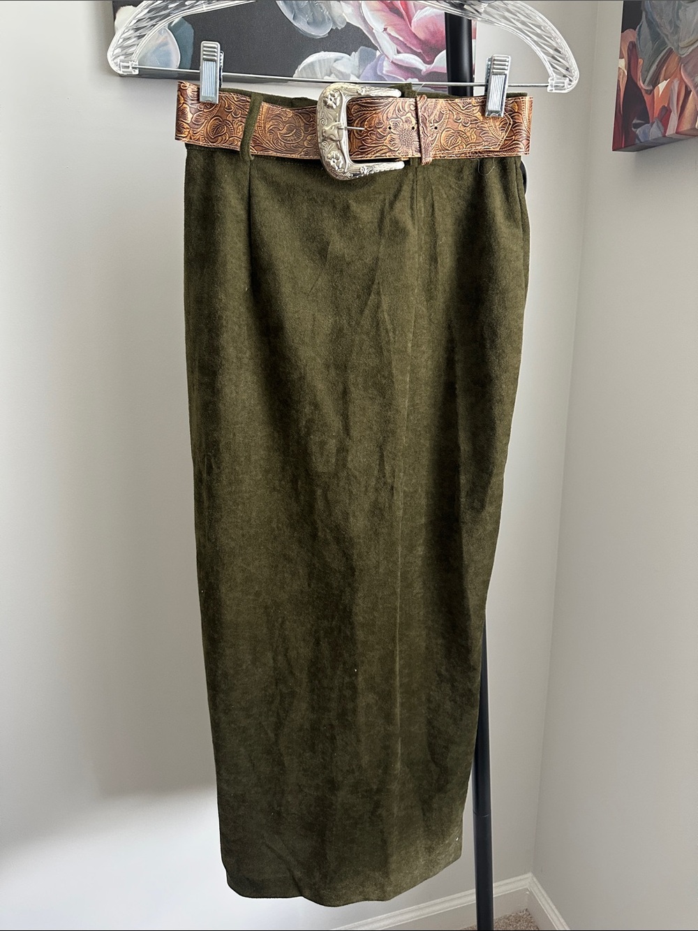 YOU Babes Vintage Olive Suede Pencil Skirt with Belt (waist 13 1/2)